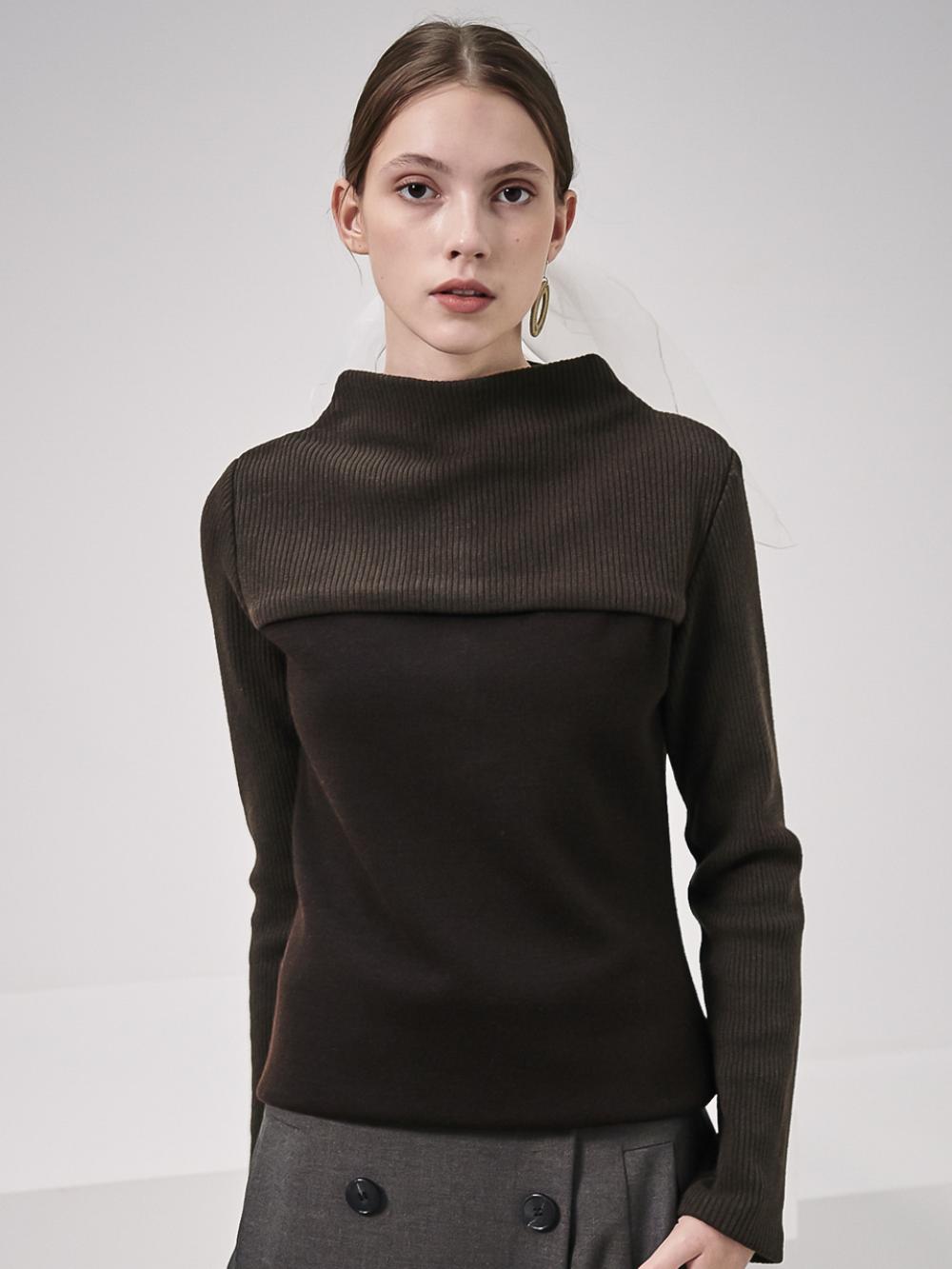 Rib Patched High-Neck Knit_Brown