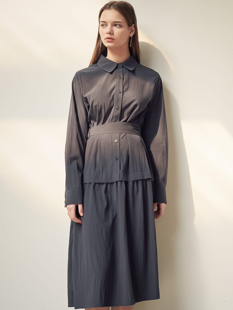 Gaia Shirring Shirt One-Piece_Navy