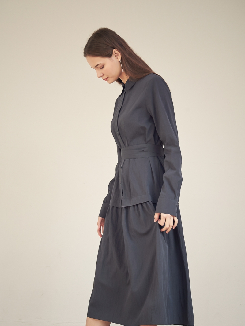 Gaia Shirring Shirt One-Piece_Navy