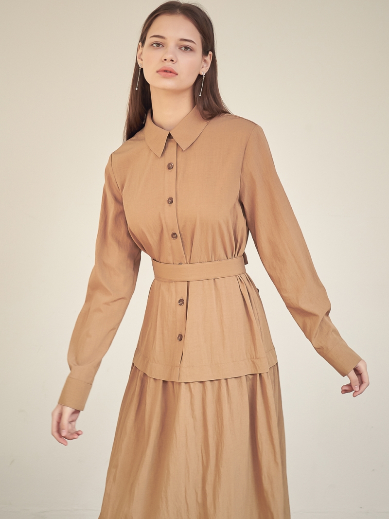 Gaia Shirring Shirt One-Piece_Camel