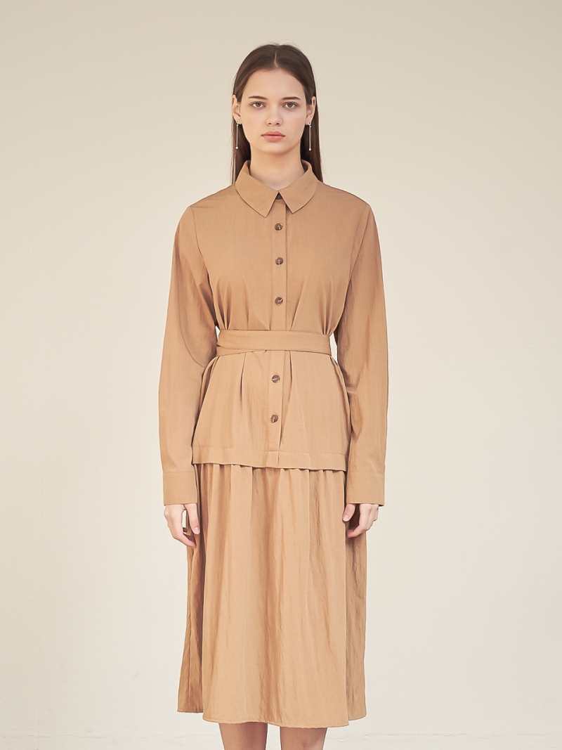 Gaia Shirring Shirt One-Piece_Camel