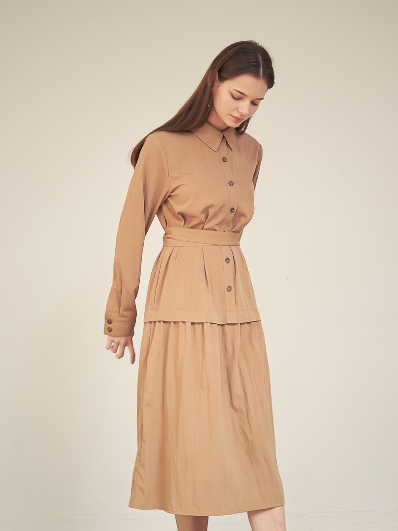 Gaia Shirring Shirt One-Piece_Camel