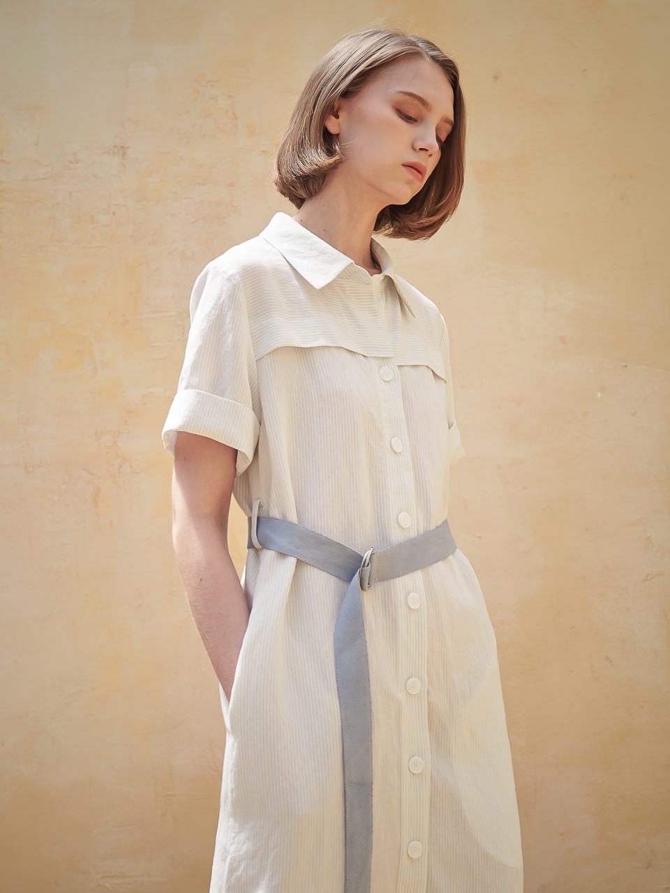 Linen Stripe Shirt One-Piece_Sky