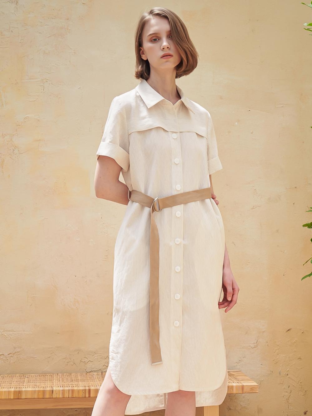 Linen Stripe Shirt One-Piece_Beige