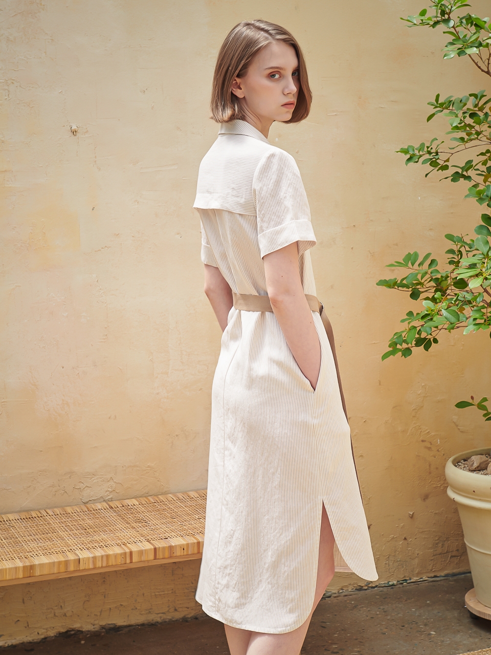 Linen Stripe Shirt One-Piece_Beige