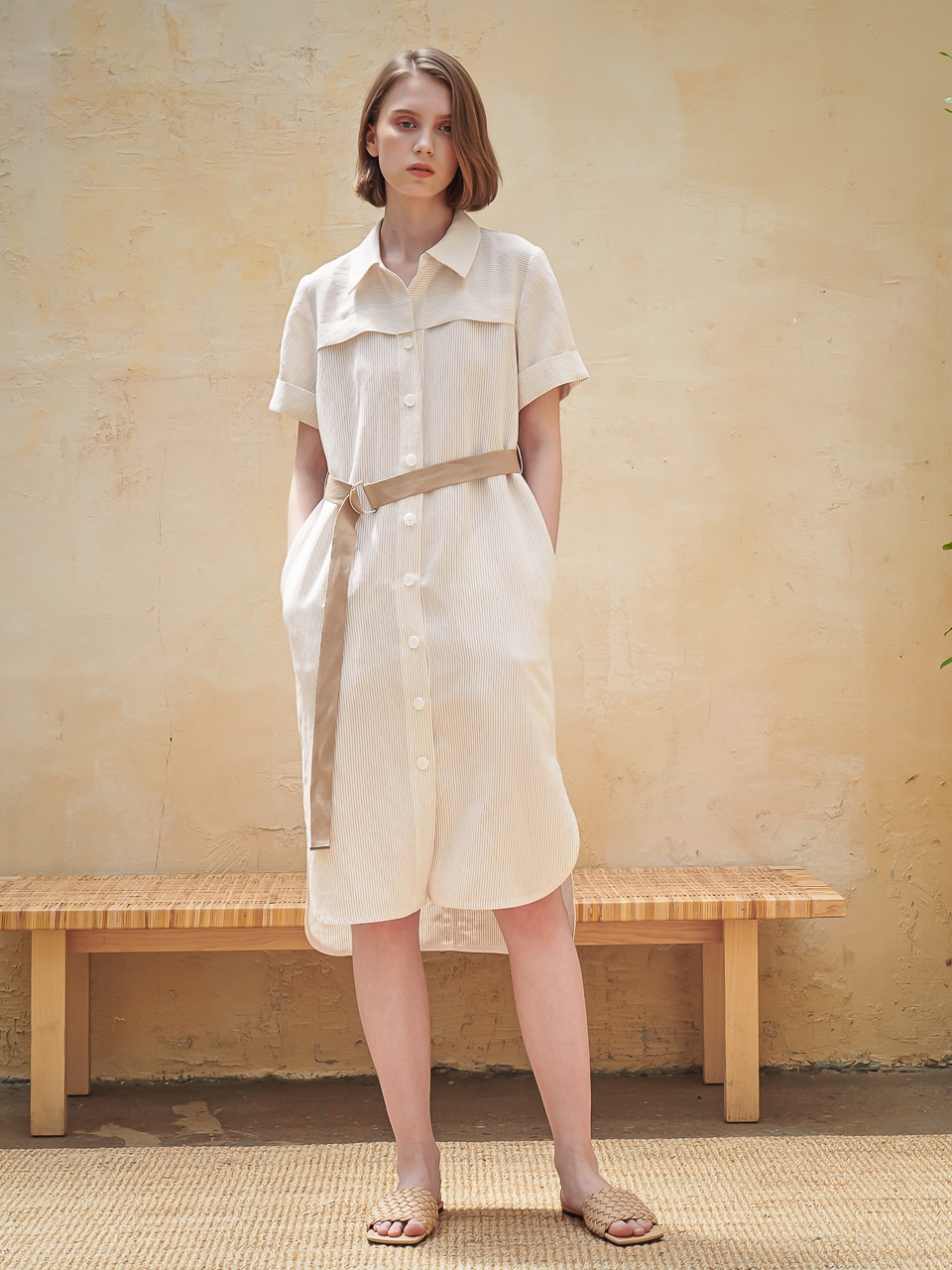 Linen Stripe Shirt One-Piece_Beige