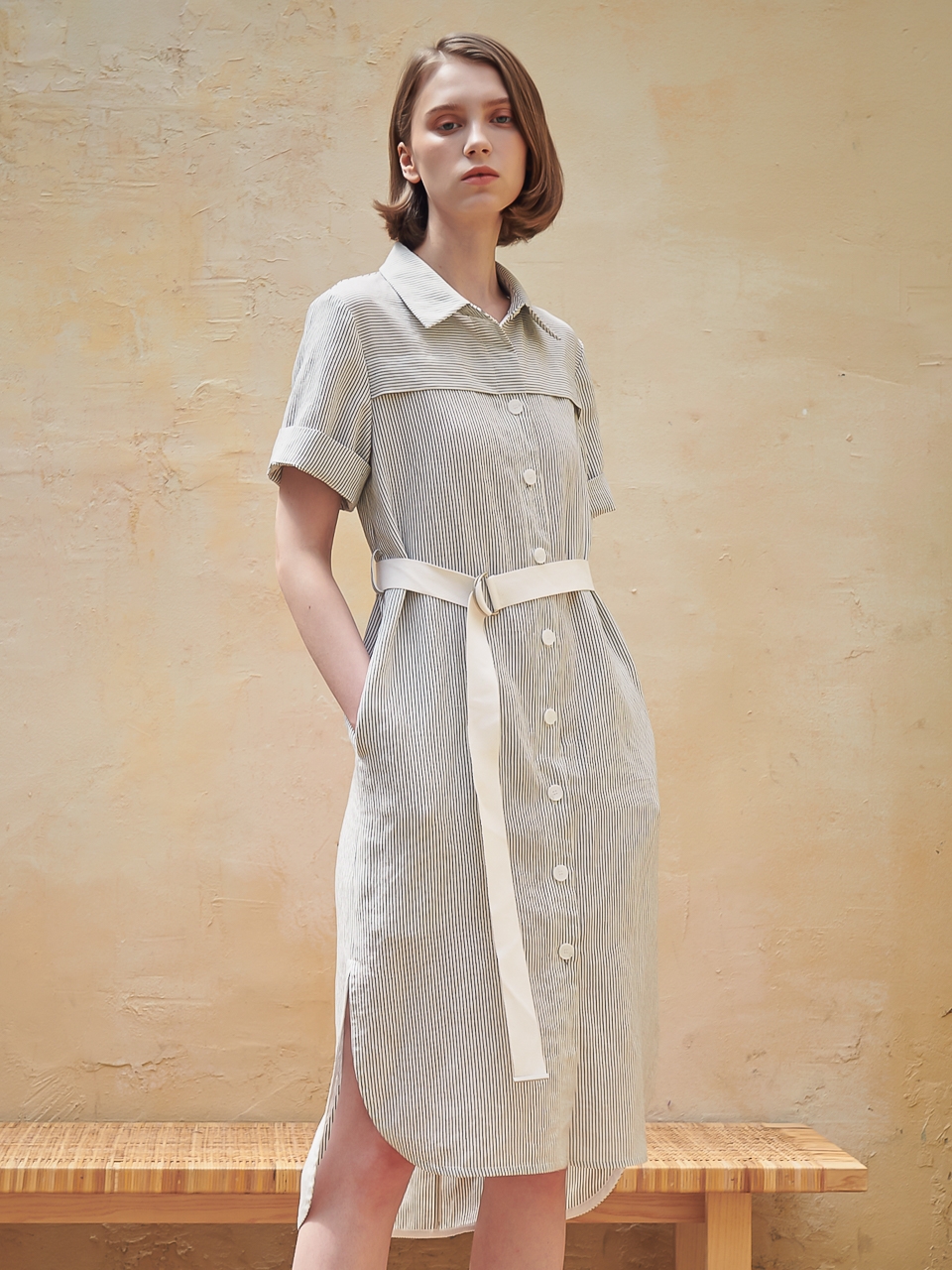 Linen Stripe Shirt One-Piece_Beige