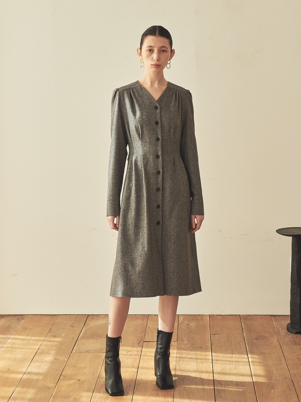 V-NECK WOOL SHIRT DRESS_GREY