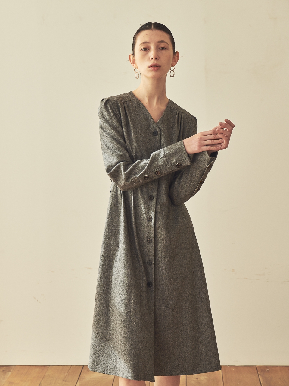 V-NECK WOOL SHIRT DRESS_GREY