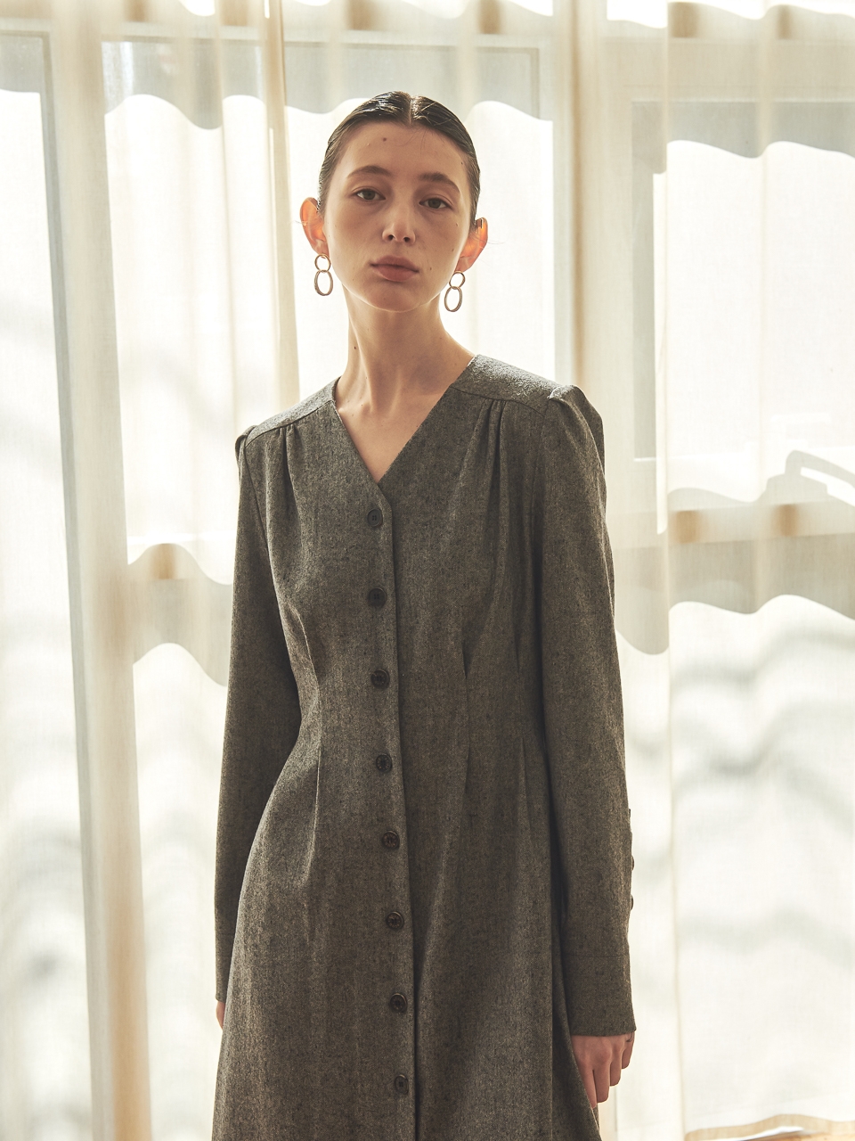 V-NECK WOOL SHIRT DRESS_GREY