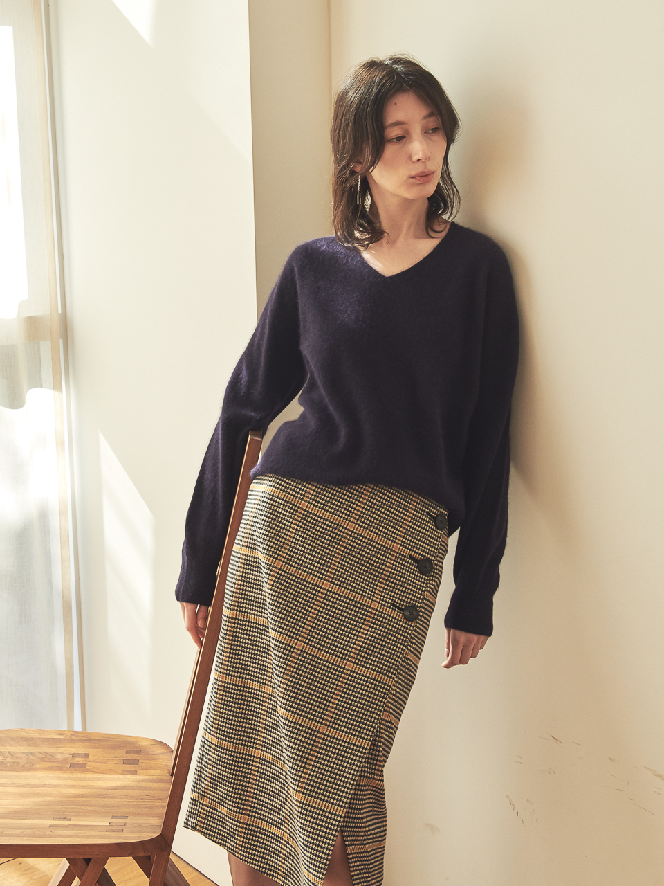 3 BUTTON CHECK PATTERN SKIRT_ CH.YELLOW