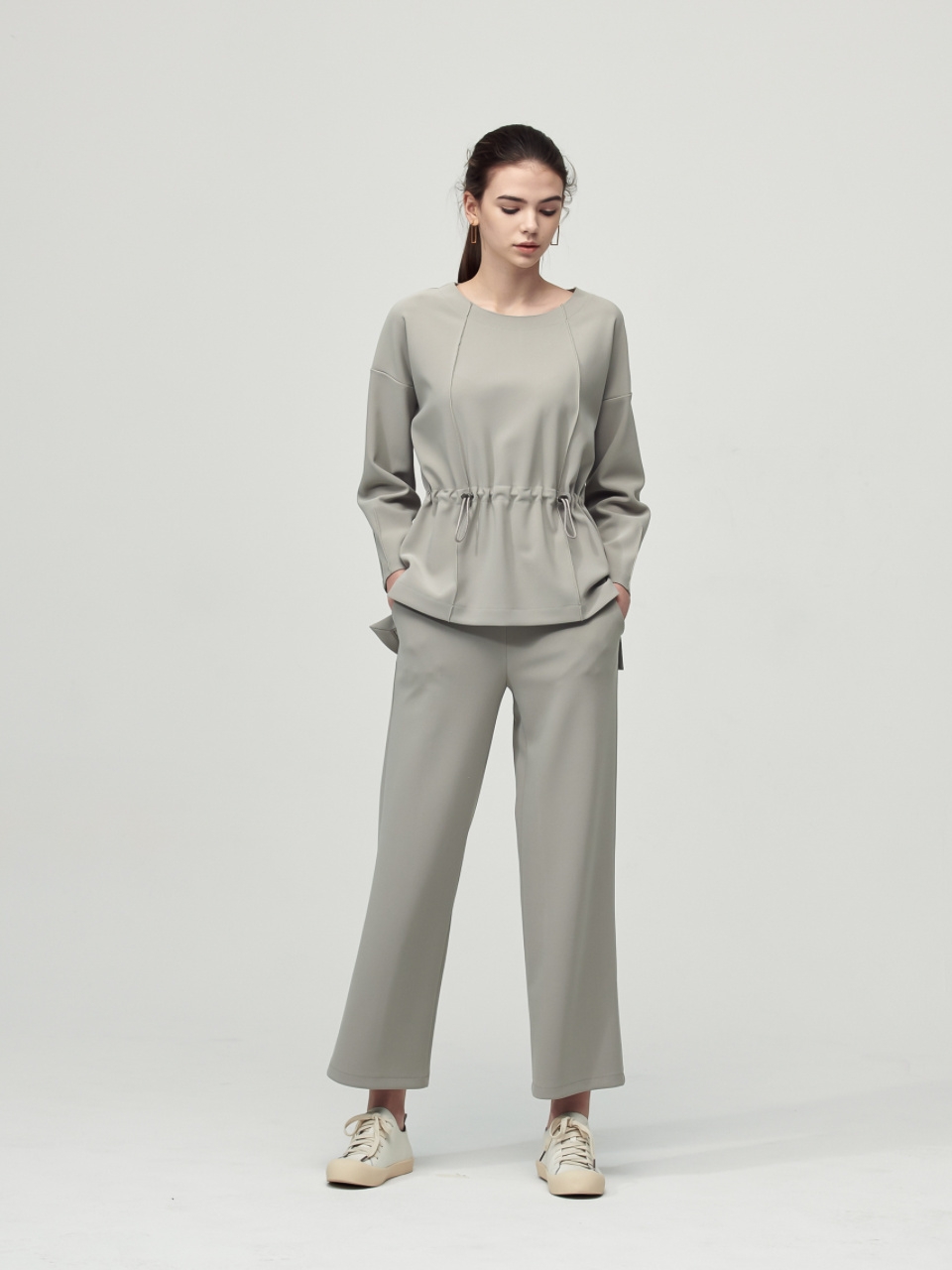 [SET] Comfort String Detail Blouse + Wide Pants_Olive
