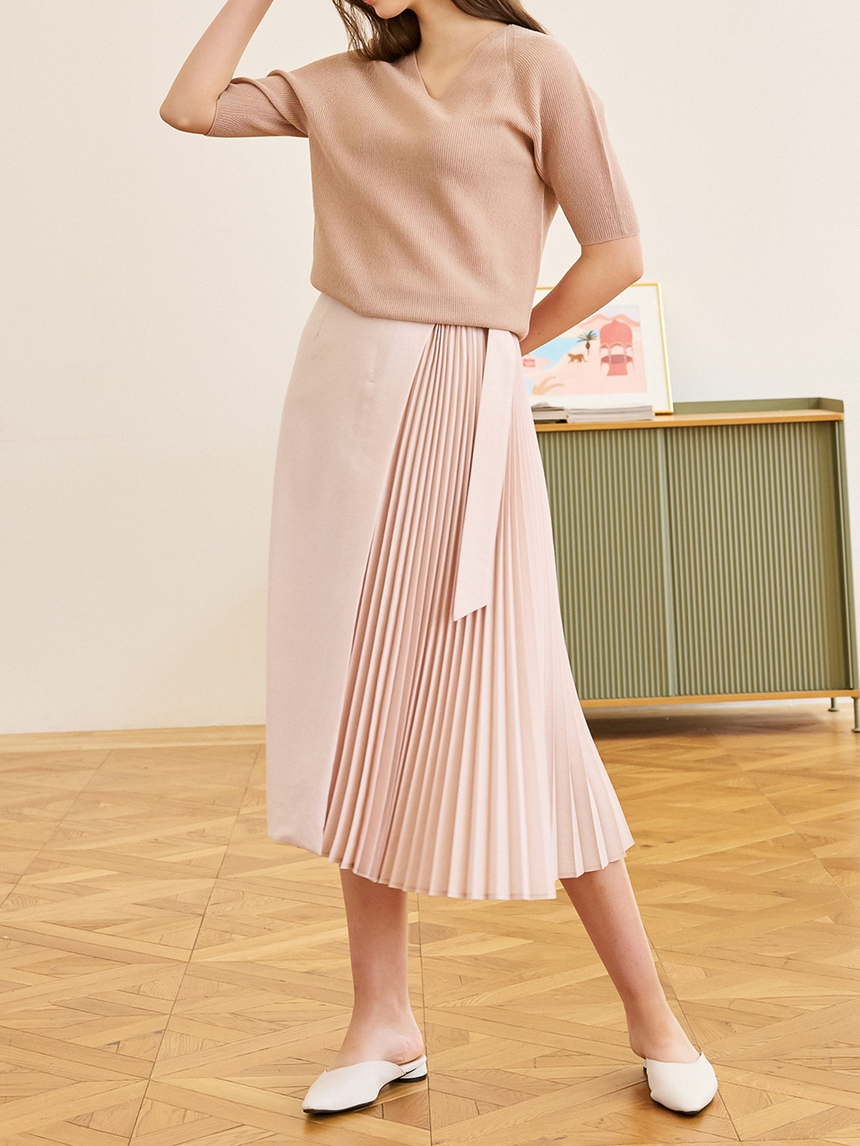 Tiera Pleated Half Wrap Skirt_Beige