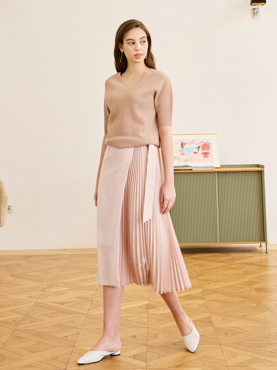 Tiera Pleated Half Wrap Skirt_Beige