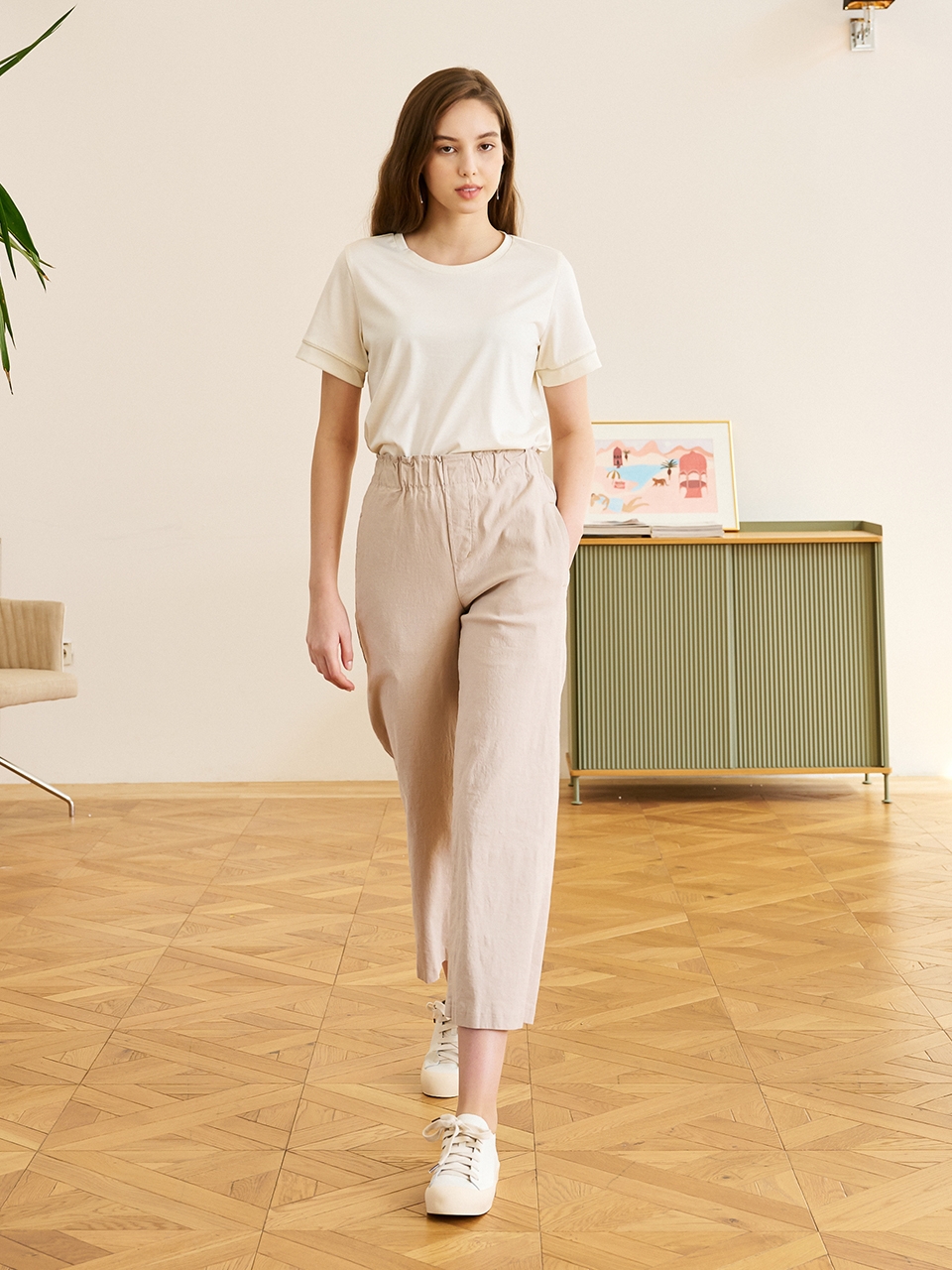 Linen Wide Bending Pants_Beige