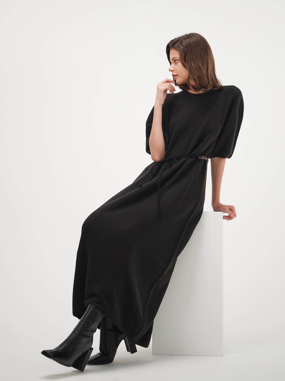 Balloon Sleeve Long Knit Dress_Black