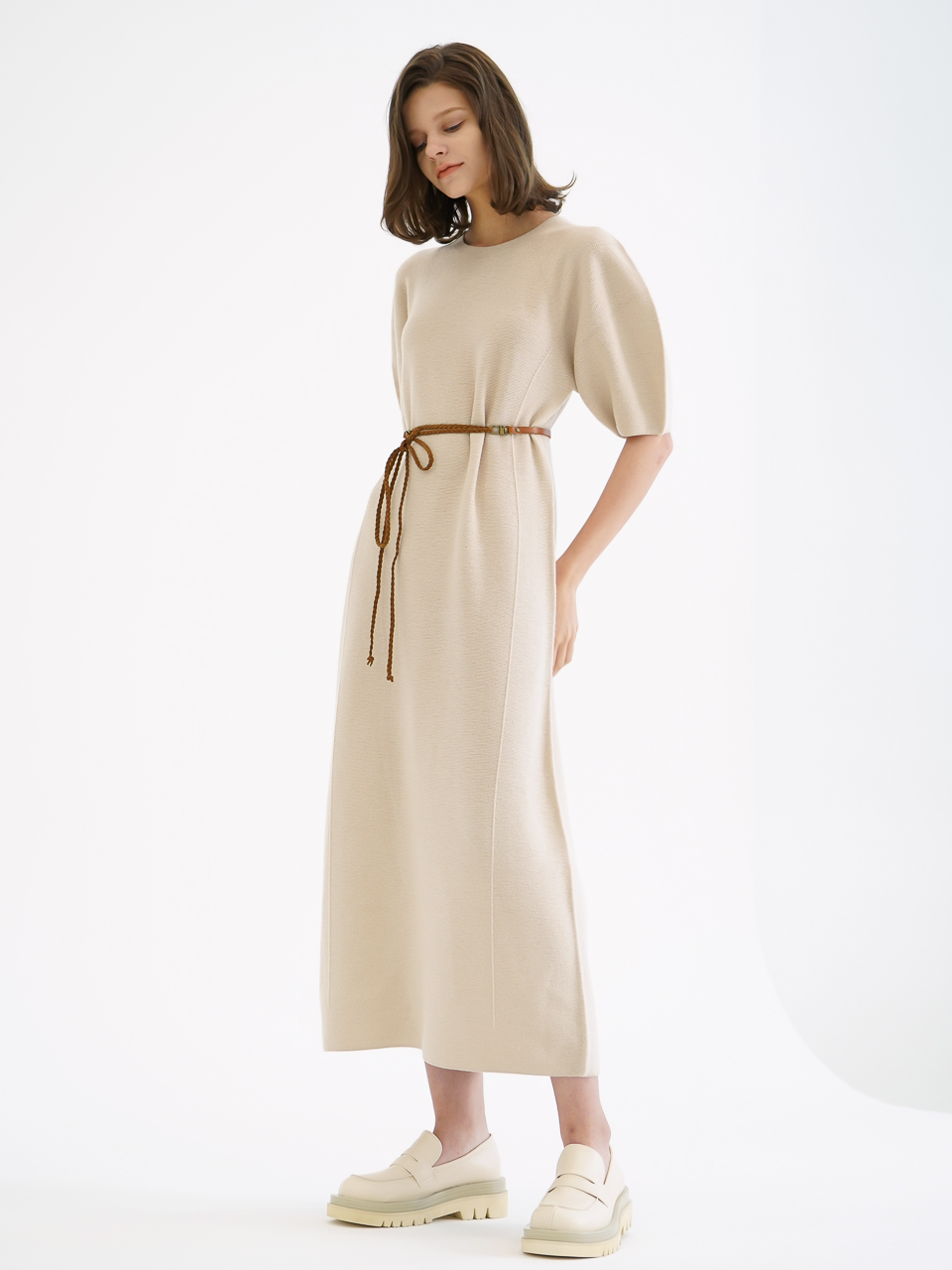 Balloon Sleeve Long Knit Dress_Beige