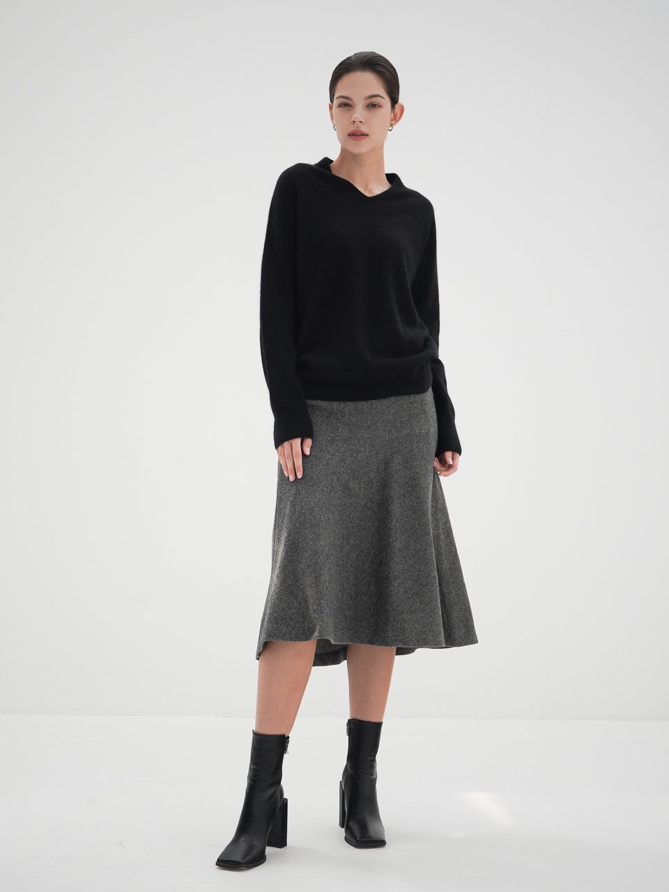 Herringbone Flared Skirt_Black