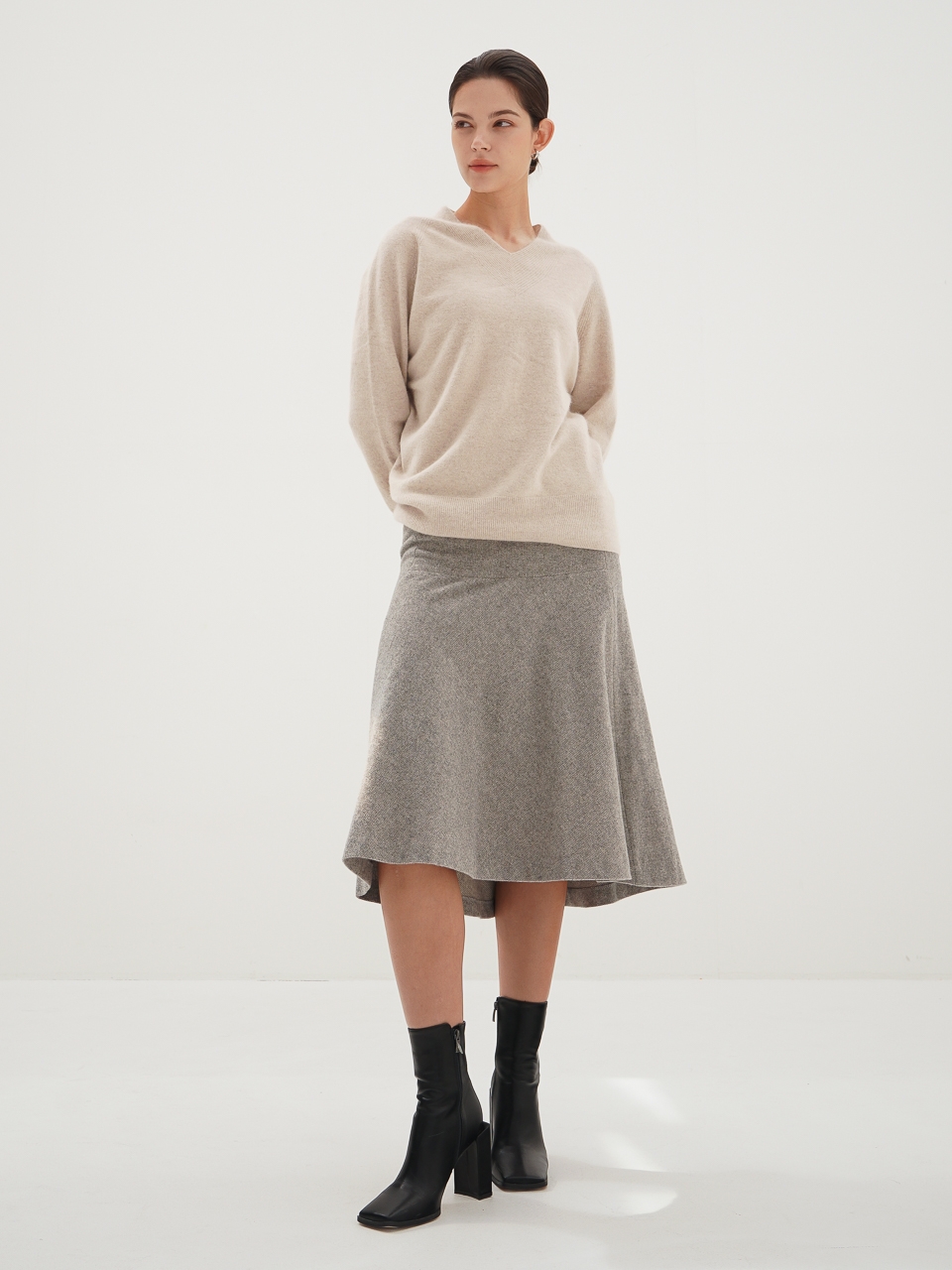 Herringbone Flared Skirt_Grey