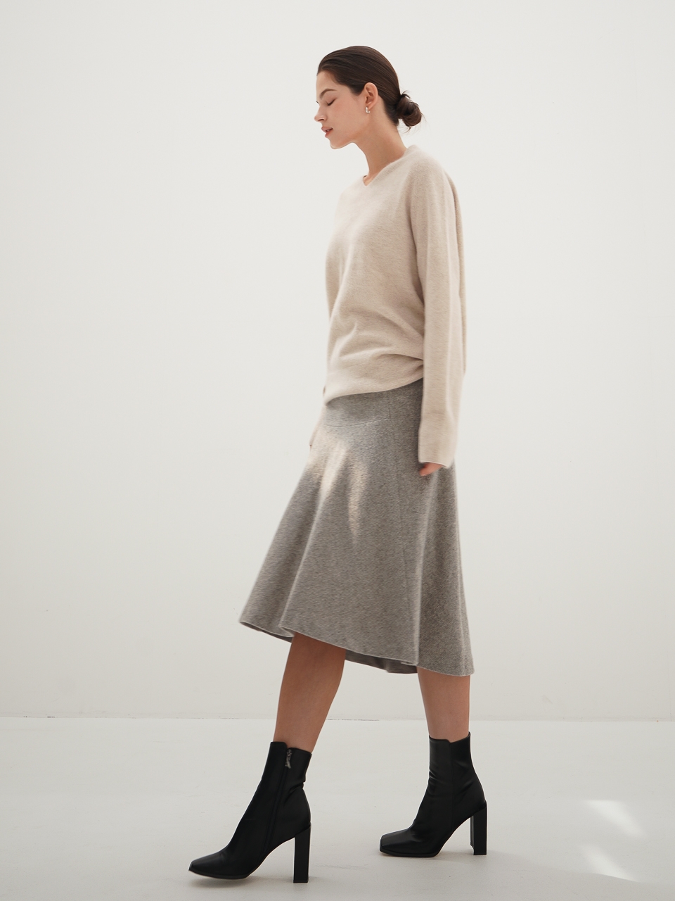 Herringbone Flared Skirt_Grey