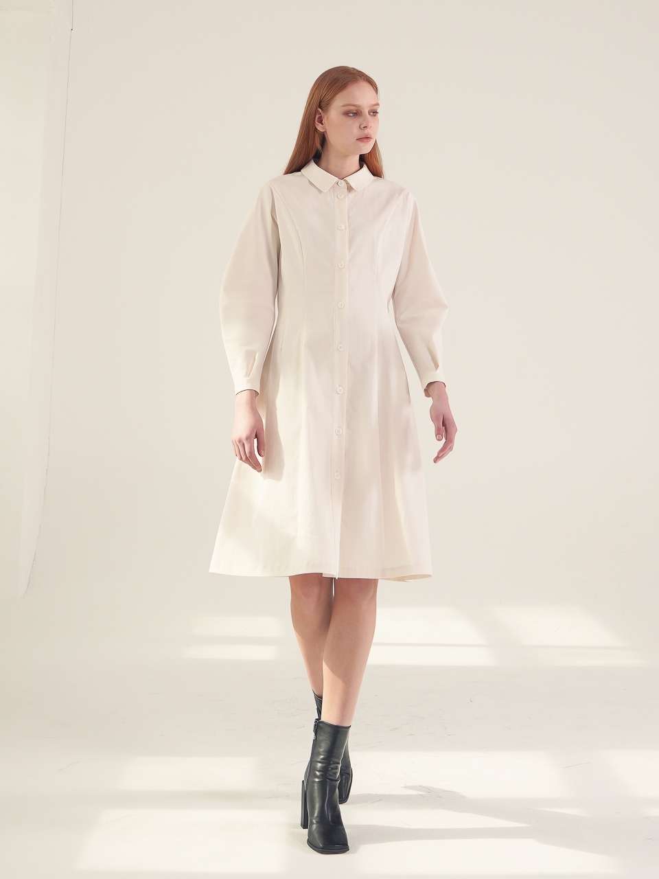 Balloon Sleeve Shirt Dress_Beige