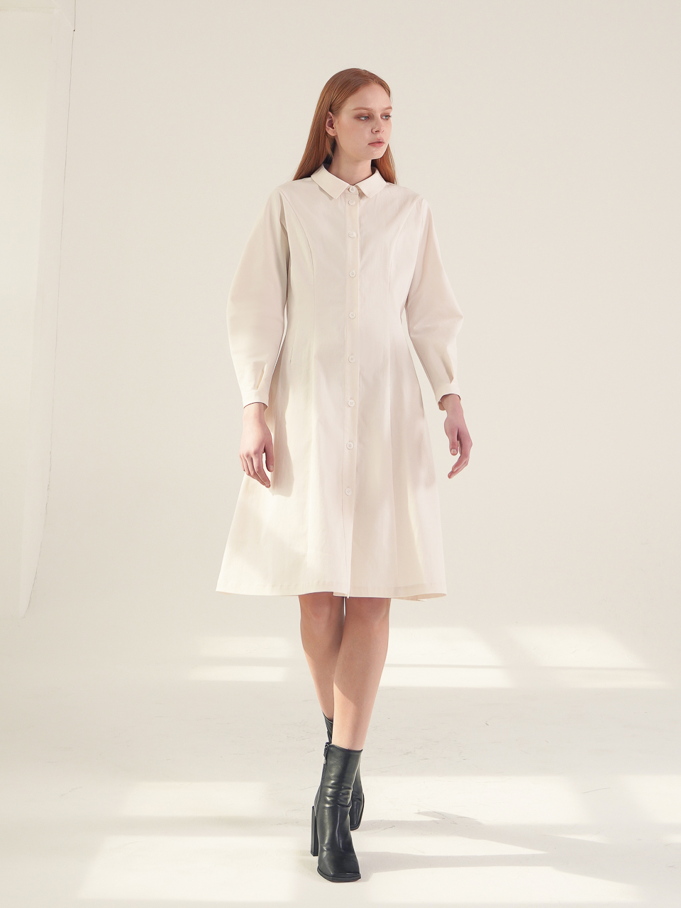 Balloon Sleeve Shirt Dress_Ivory