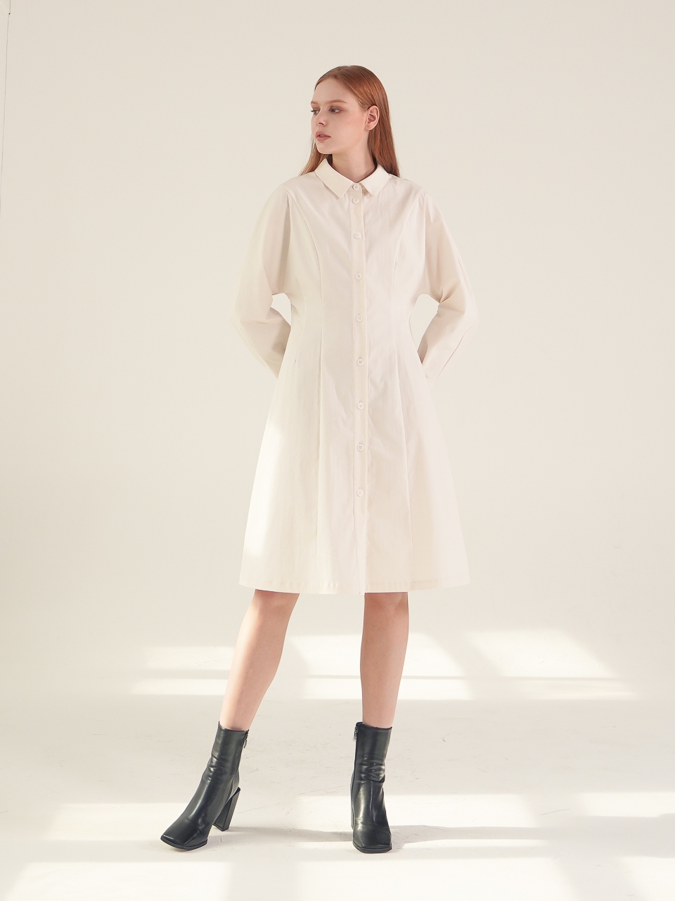 Balloon Sleeve Shirt Dress_Ivory