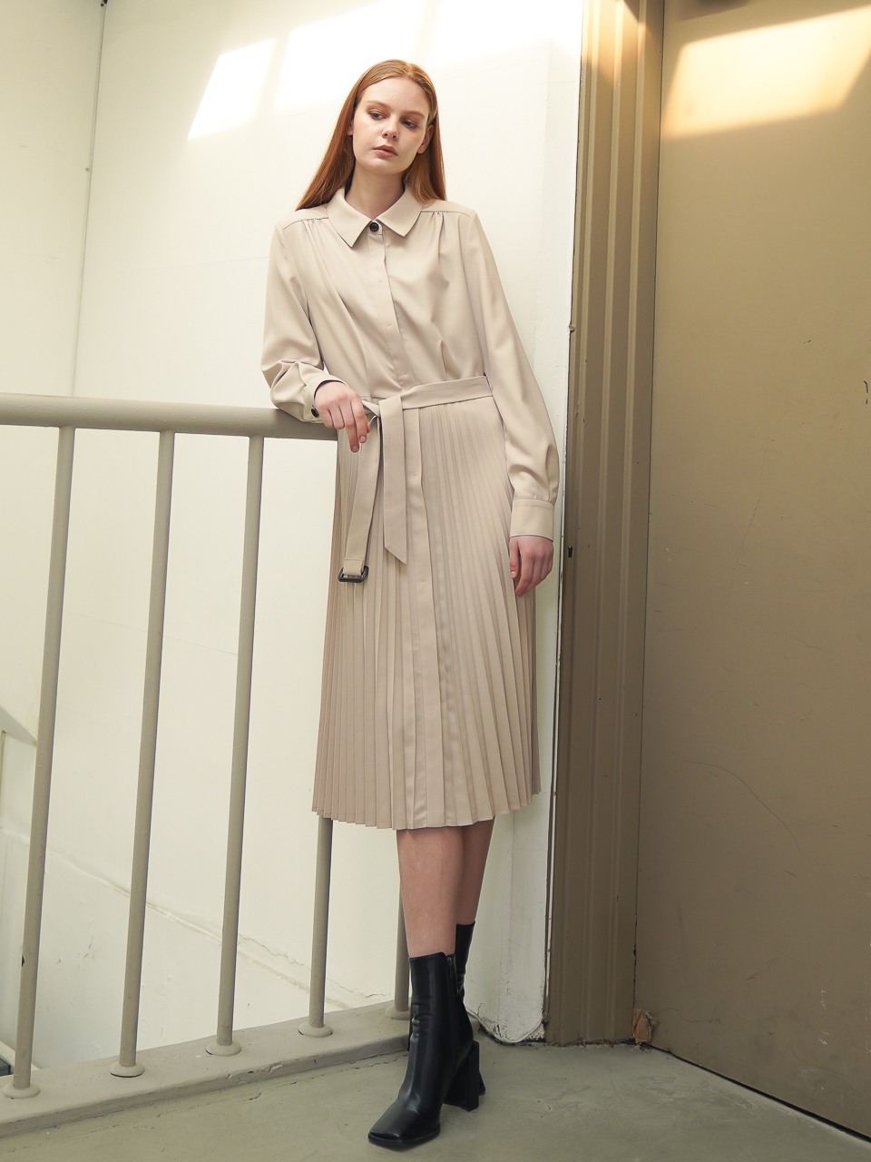 Pleated Shirt Dress_Beige