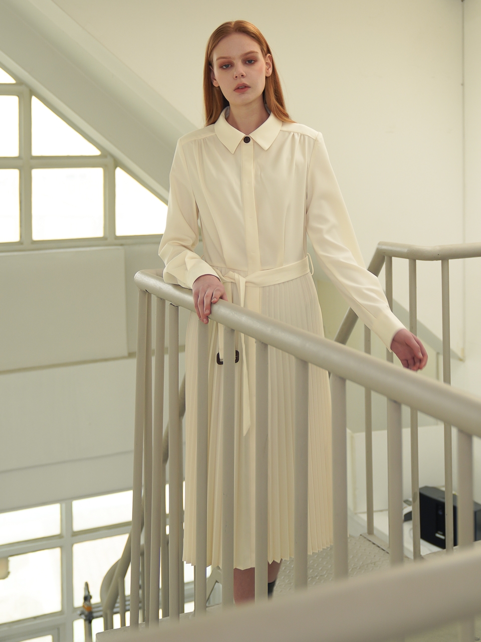 Pleated Shirt Dress_Beige