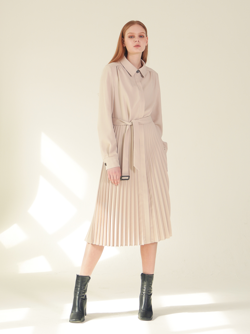 Pleated Shirt Dress_Beige