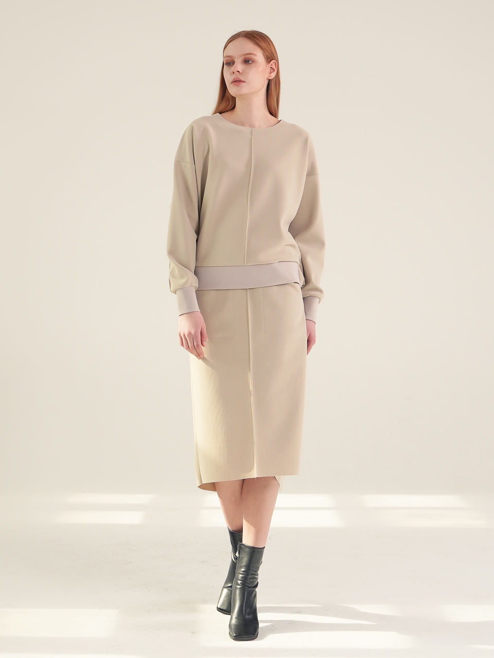 [SET] Comfort Ribbon Detail Top + Pocket Skirt_Beige