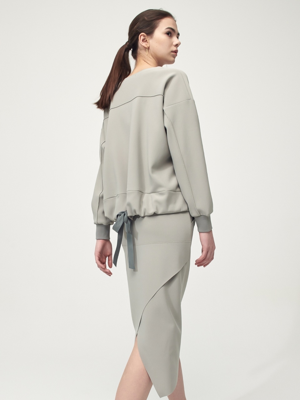 [SET] Comfort Ribbon Detail Top + Pocket Skirt_Beige