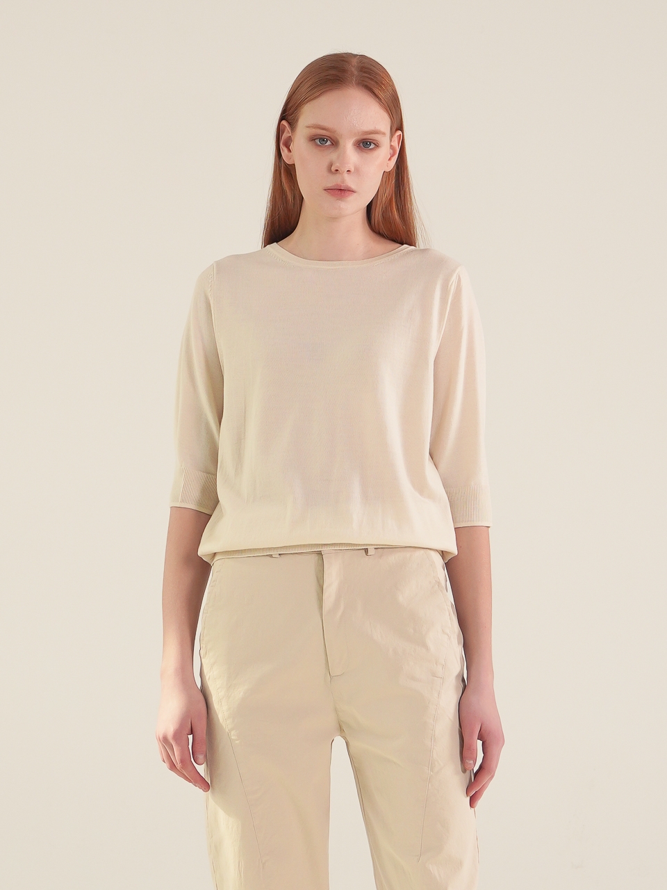 Half Sleeve Round Neck Knit_Ivory