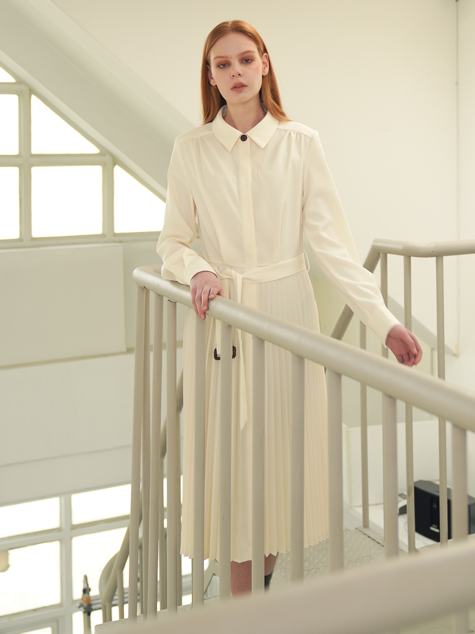 Pleated Shirt Dress_Ivory