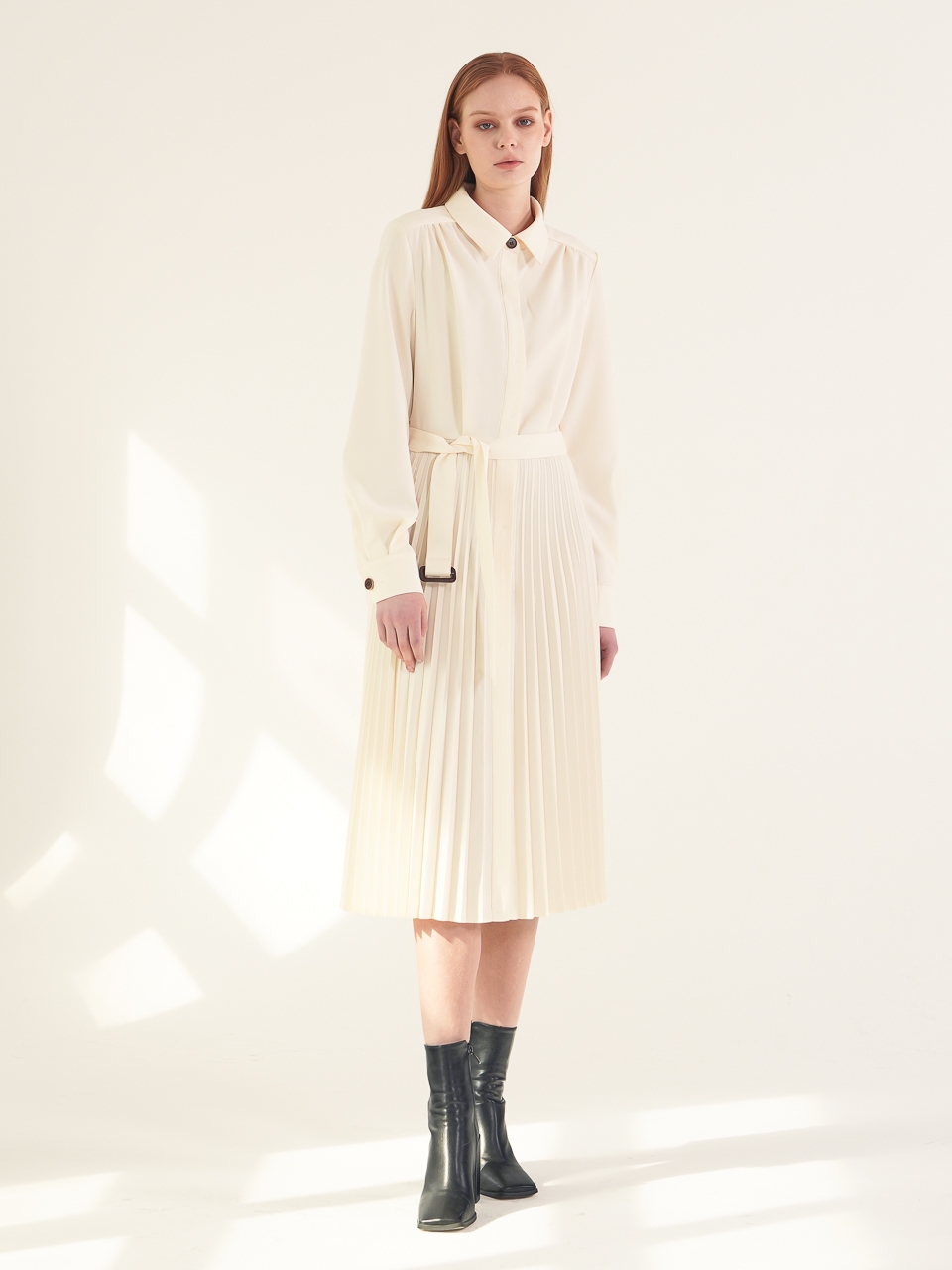 Pleated Shirt Dress_Ivory