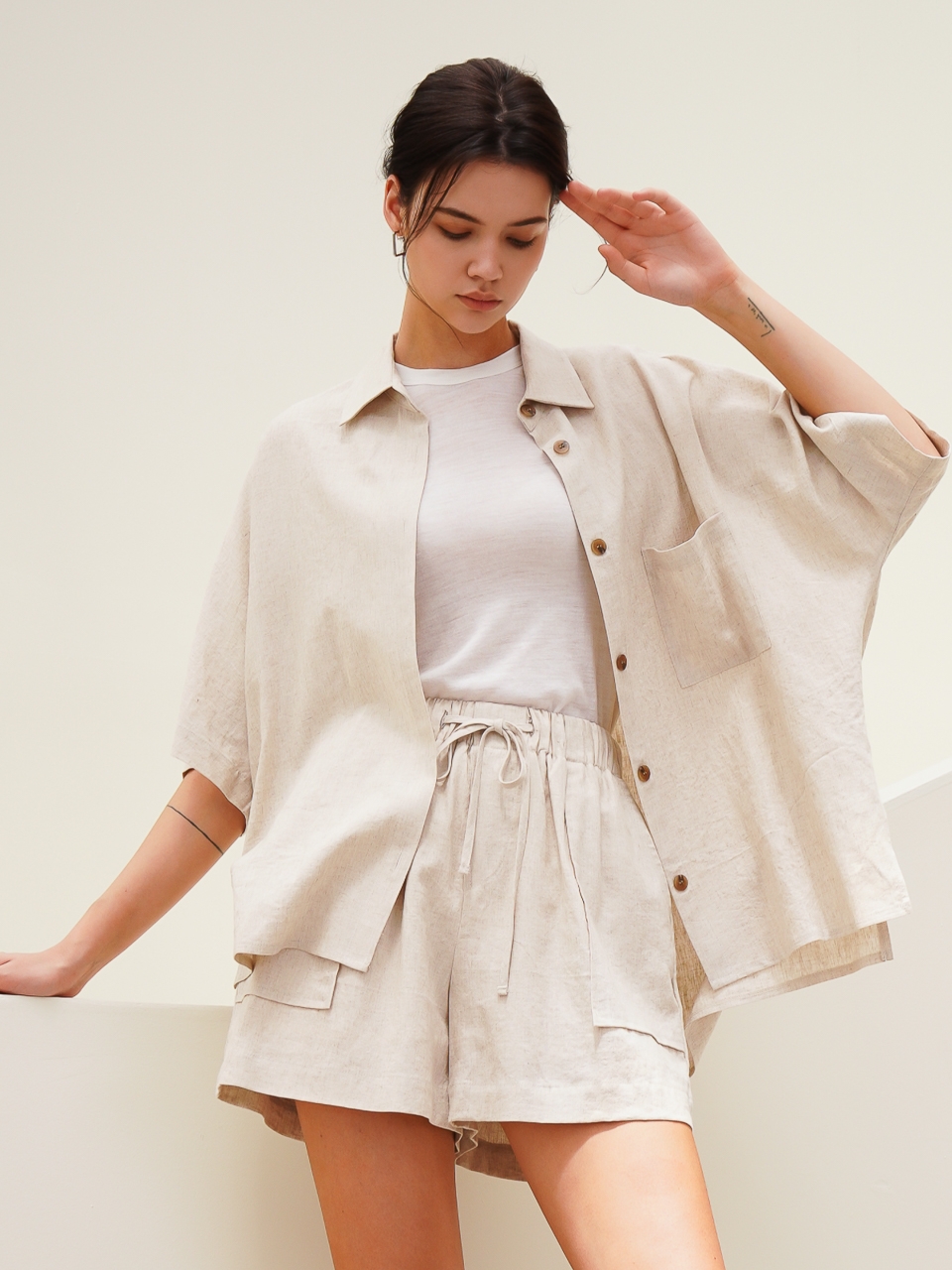 Half Sleeve Linen Shirt_Beige