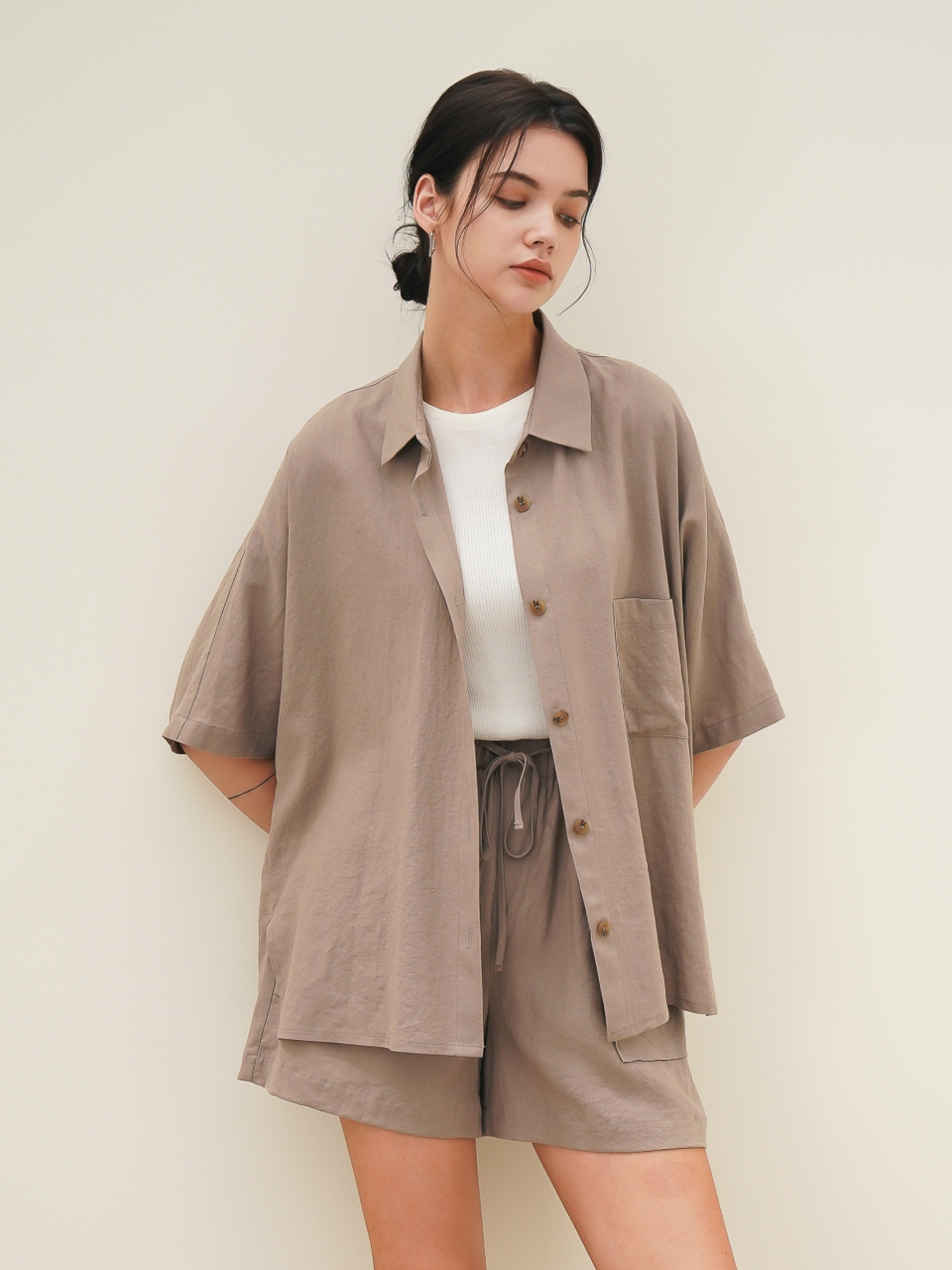 Half Sleeve Linen Shirt_Brown