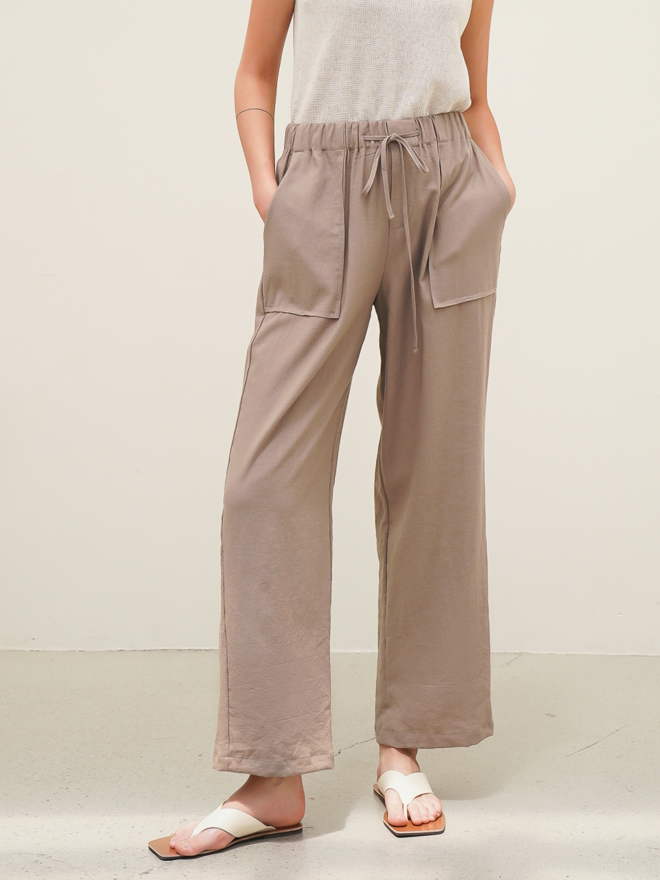 Linen String Wide Pants_Brown