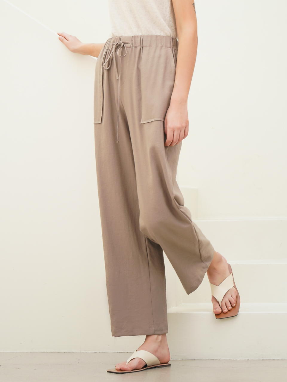 Linen String Wide Pants_Brown