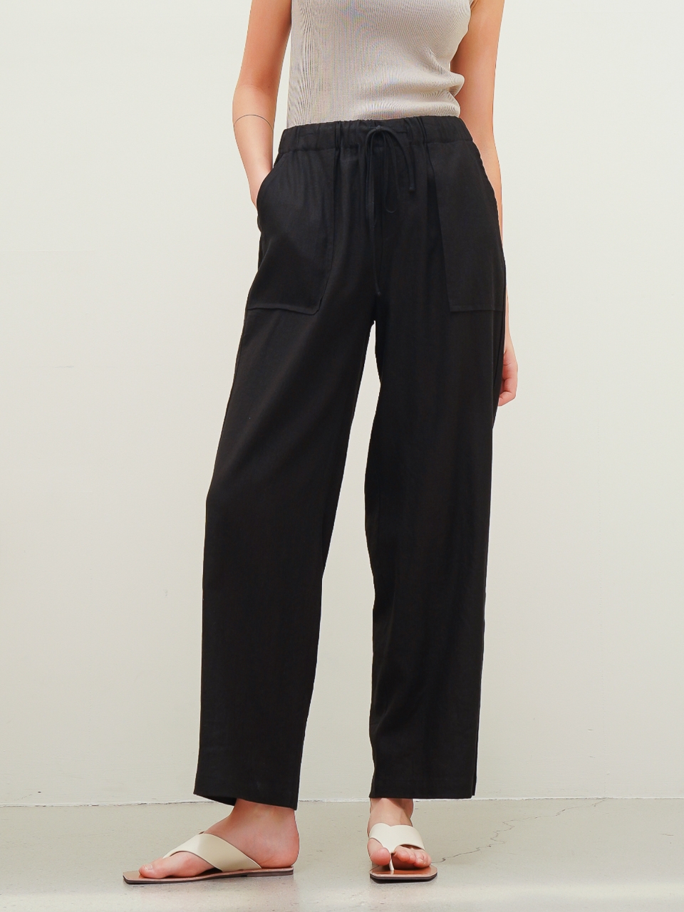 Linen String Wide Pants_Black