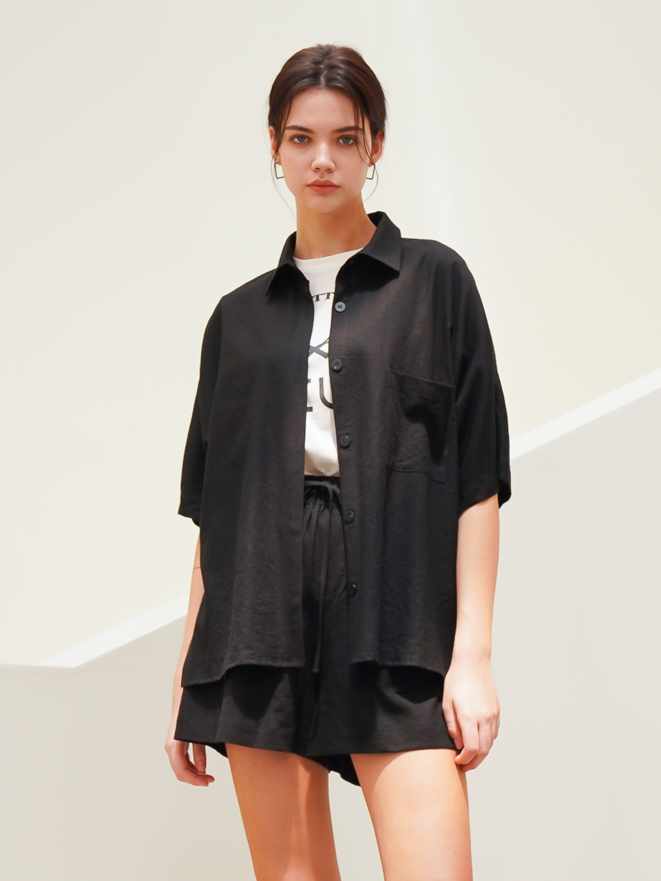 Half Sleeve Linen Shirt_Black