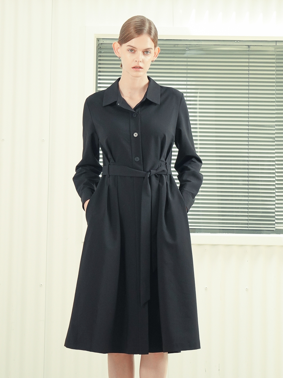 Pintuck Detail Belted Shirt Dress _Black