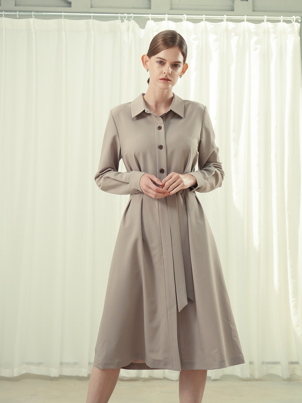 Pintuck Detail Belted Shirt Dress _Beige