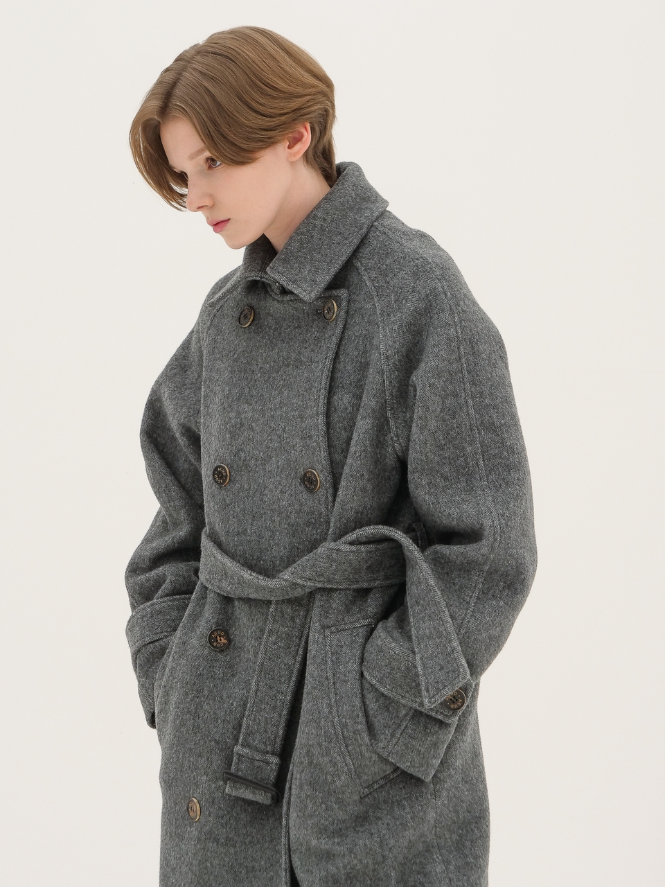 Herringbone Trench Wool Coat _Grey