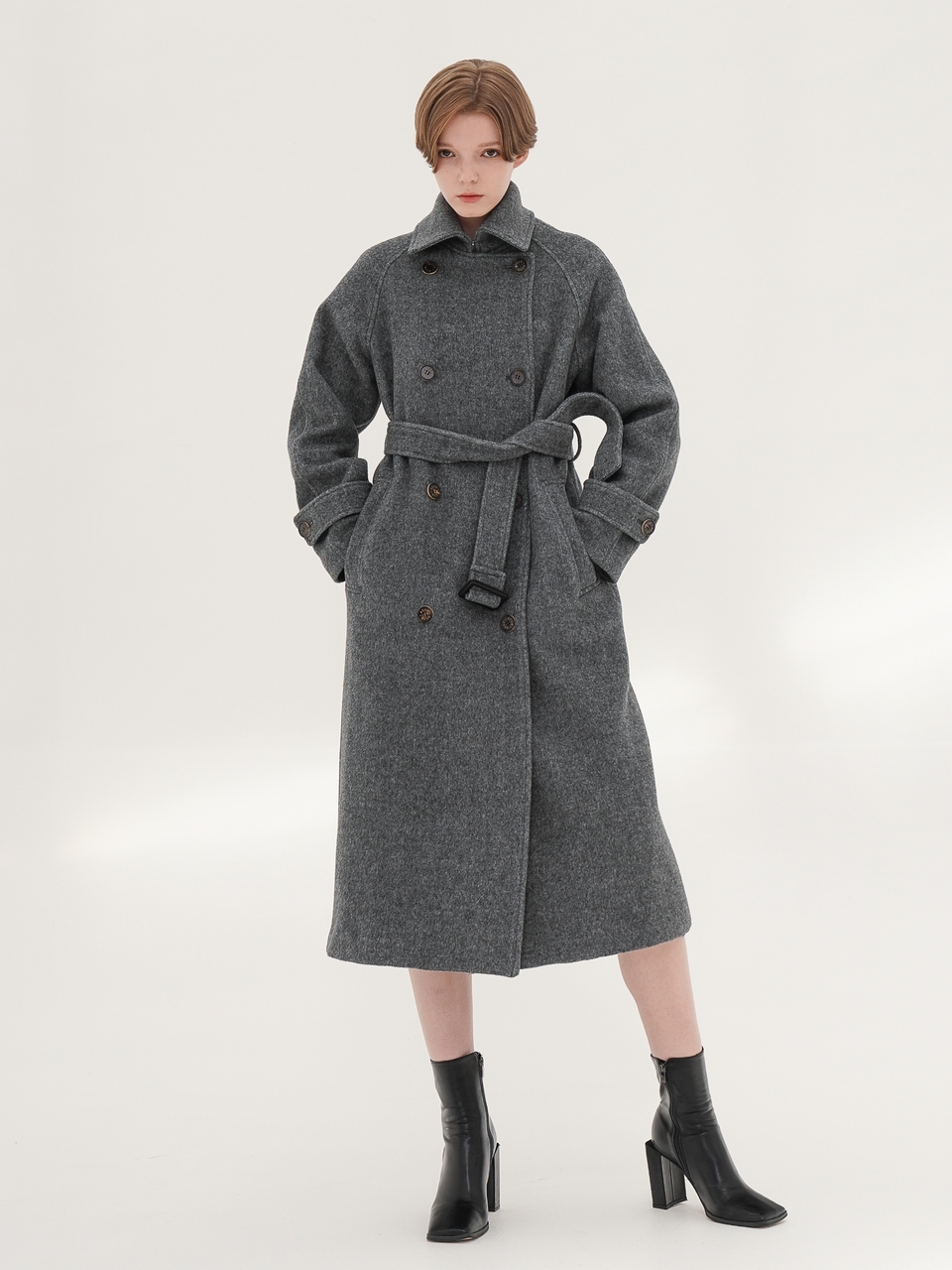 Herringbone Trench Wool Coat _Grey