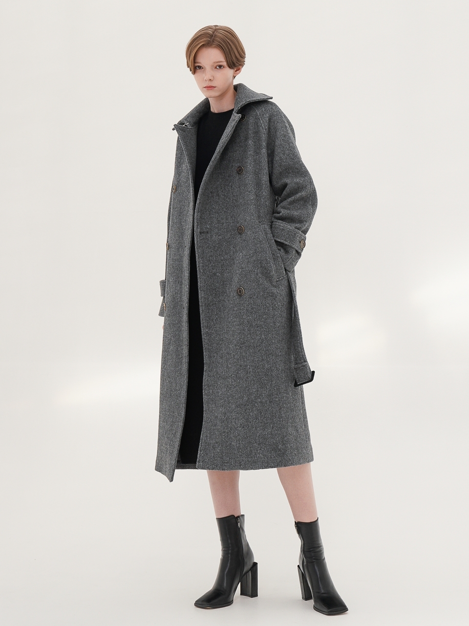 Herringbone Trench Wool Coat _Grey