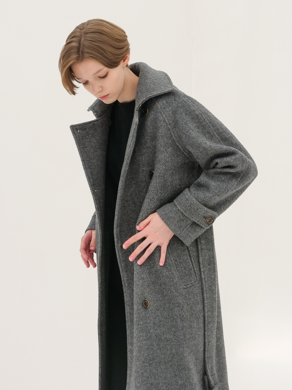 Herringbone Trench Wool Coat _Grey