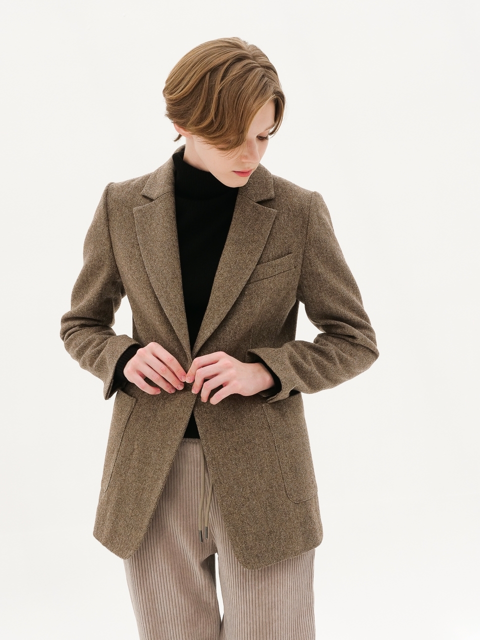 Herringbone Single Button Jacket _Beige