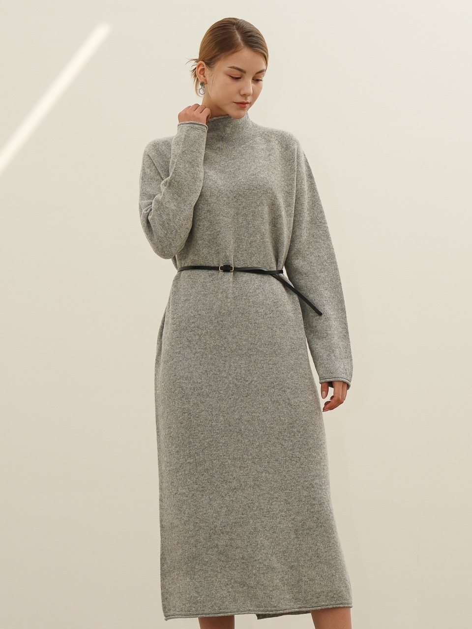 High-neck Cashmere Knit Dress _Beige