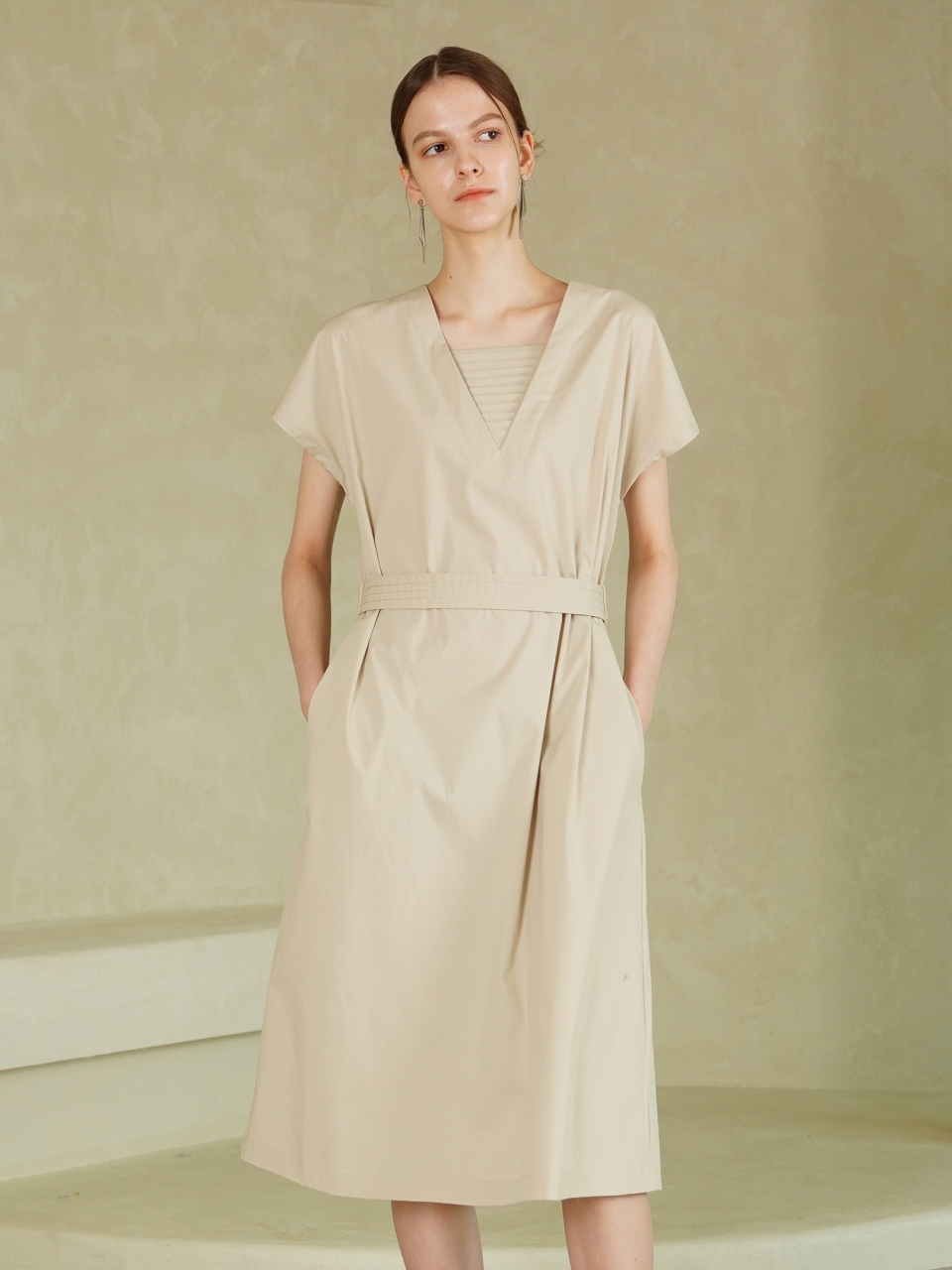 Pintuck Detail V-neck Dress _ Beige